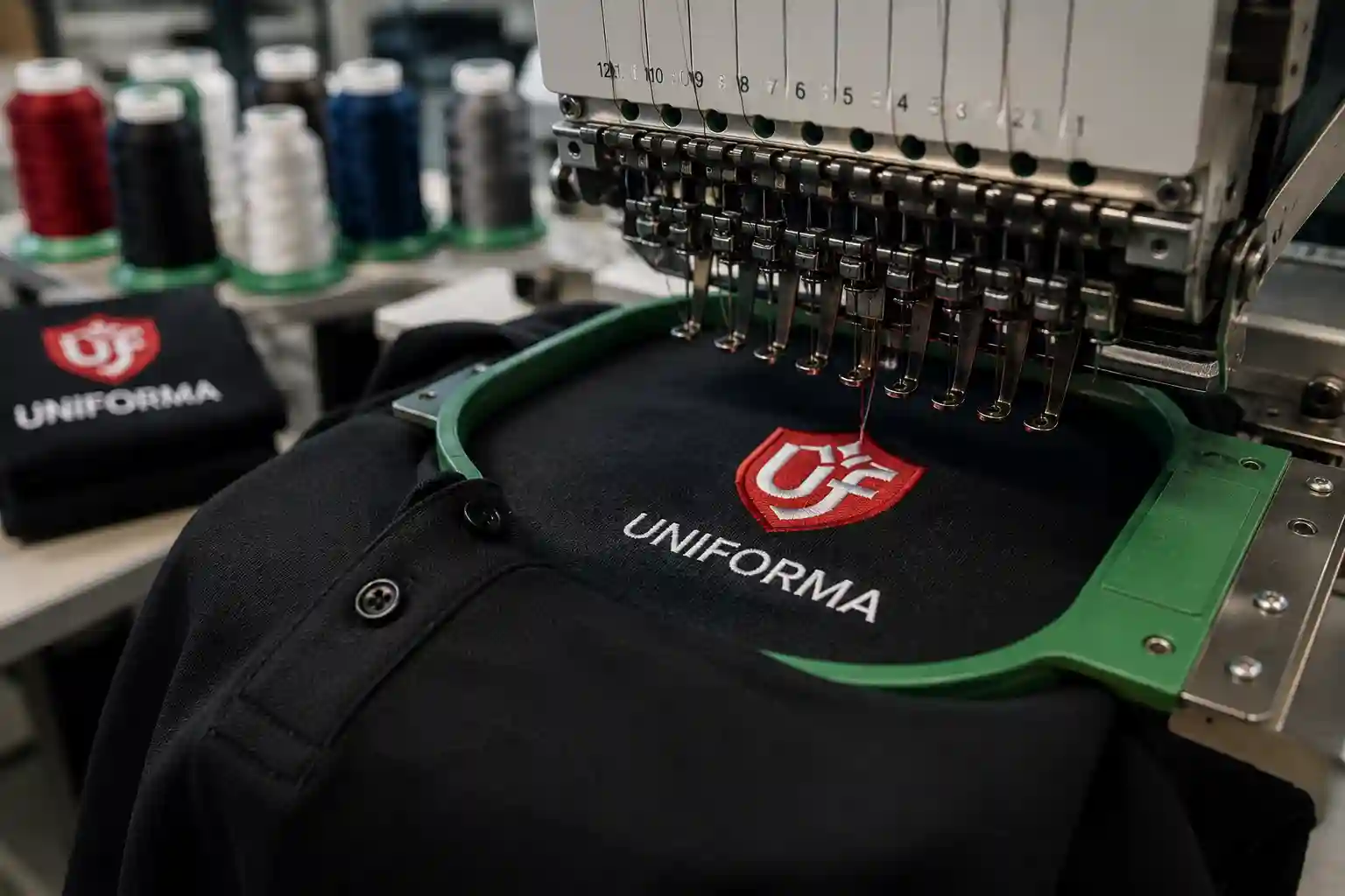 Detalhe de um logótipo bordado num polo profissional